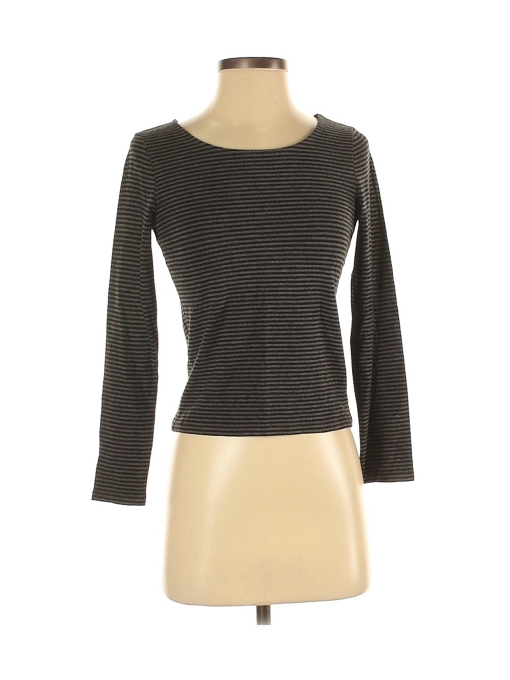 LAUREN Ralph Lauren Black and Gray Striped Long-Sleeve Scoop Neck Crop Top